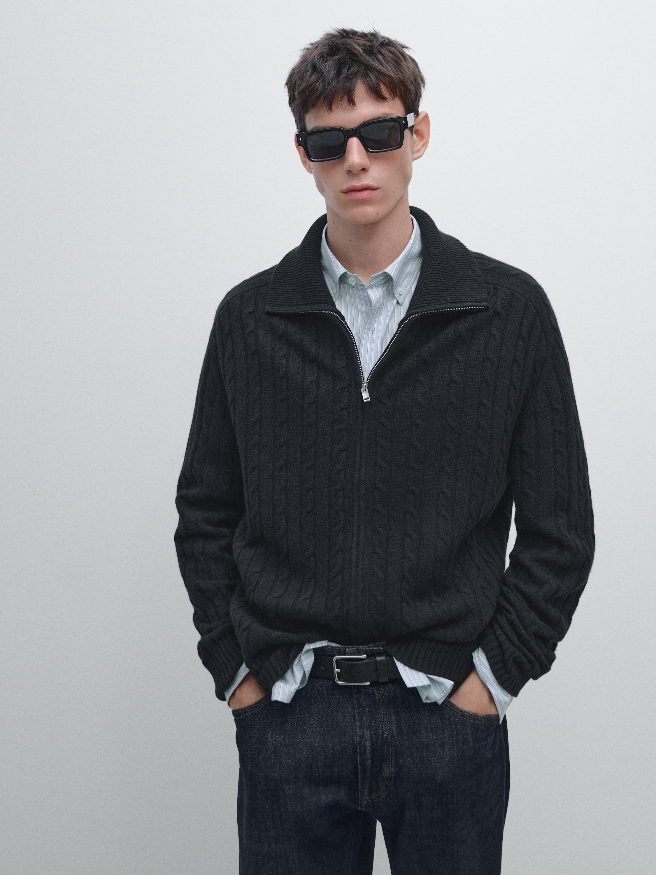 100% wool cable-knit zip-up cardigan